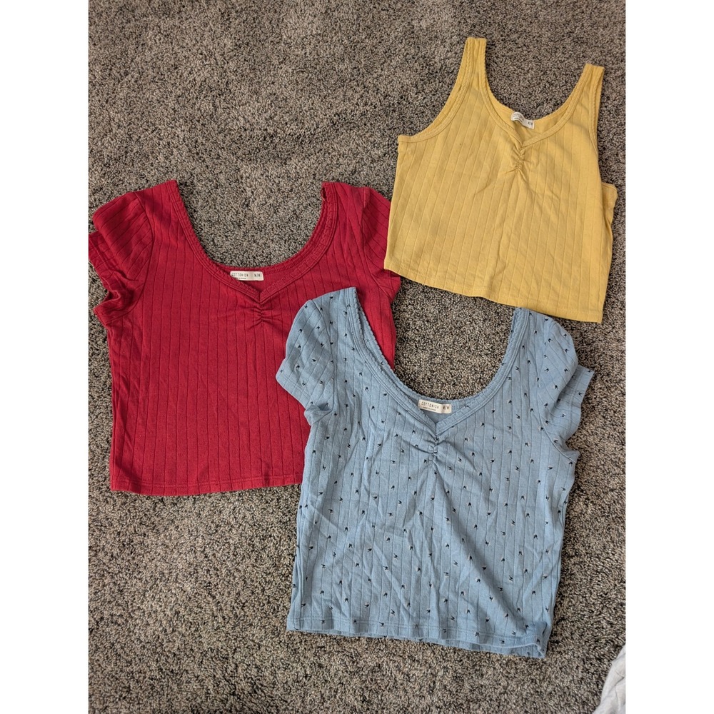 Cotton On Womens Ribbed‎ Crop Top Bundle Medium Yellow Red Blue 3 Pack